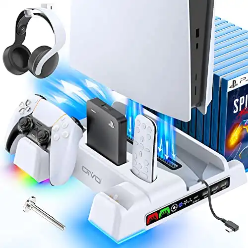 PS5 Stand and Cooling Station with RGB LED Controller Charging Station for Playstation 5 Console, 2H Fast PS5 Controller Charger, PS5 Accessories with 3 Levels Cooling Fan, Headset Holder, 3 USB Hub