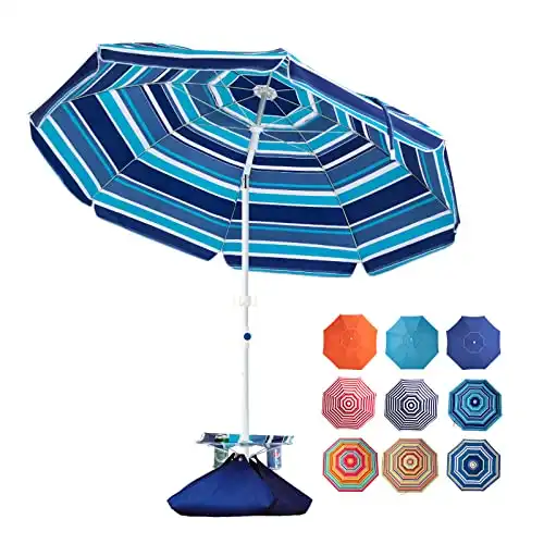 ROWHY 6.5FT Beach Umbrella with Cup Holder and Sand Bags Portable Outdoor Heavy Duty Sunshade Umbrella with Sand Anchor & Tilt System, Wind Resistant for Sand, Beach,Patio,Yard (6.5, Blue-White)