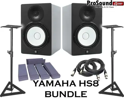 Yamaha HS8 Powered Studio Monitor Pair with XLR-Cables Insolation Monitor PAD and Speaker Stands