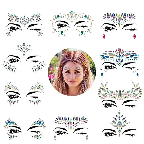 Face Gems, 10 Sets Mermaid Face Jewels Festival Face Gems Rhinestones Rave Eyes Body Bindi Temporary Stickers Crystal Face Stickers Decorations Fit for Festival Party（10 Sets collection）