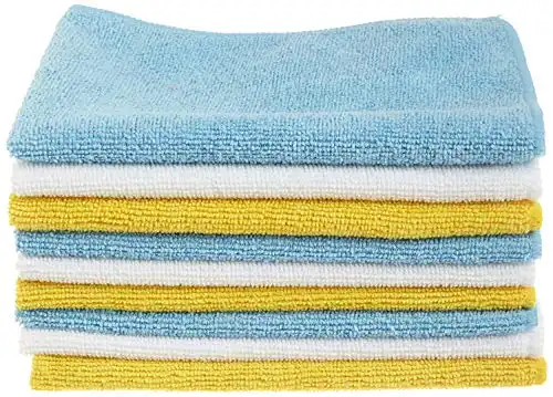 Amazon Basics Microfiber Cleaning Cloth, Non-Abrasive, Reusable and Washable, Pack of 24, Blue/White/Yellow, 16" x 12"