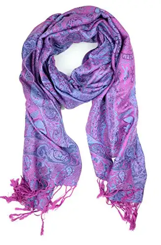 Plum Feathers Pashmina Scarf with Ethnic Tapestry Style Paisley Pattern - 67" x 28" Everyday Pashmina Travel Wrap and Shawl (Purple Tapestry)
