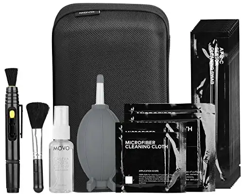 Movo Deluxe Essentials DSLR Camera Cleaning Kit with 10 APS-C Cleaning Swabs, Sensor Cleaning Fluid, Rocket Air Blower, Lens Pen, Soft Brush, 2X Small and 2X Large Microfiber Cloths and Carrying Case