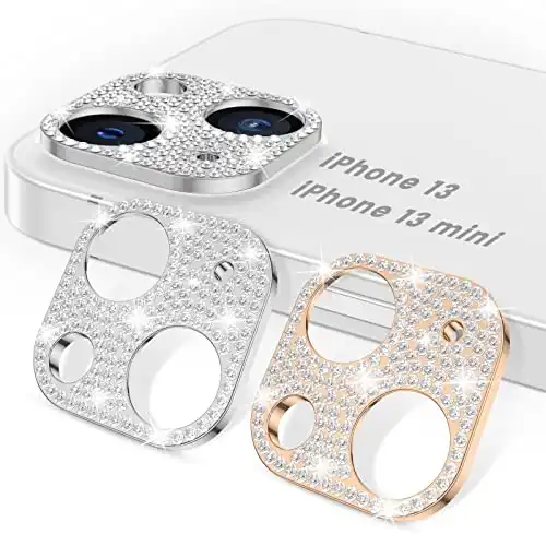 Goton [2 Pack] Bling Camera Lens Protector for iPhone 13 & 13 Mini Glitter Diamond Crystal Metal Lens Protective Decoration Cover Accessories for 13/13 mini Silver+Rose Gold