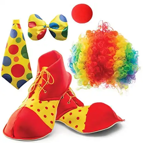 PREXTEX Clown Costume Set - Includes Props, Clown Wig, Nose, Shoes, Bow, Tie - for Halloween, Carnival Theme, Joker, Circus Costume, Fancy Outfit, Cosplay, Birthday, Dress-Up Party