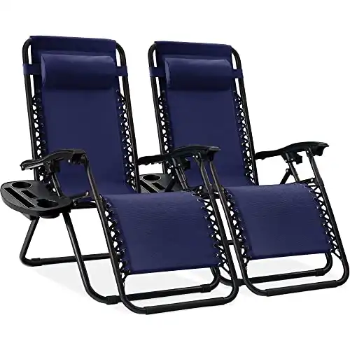 Best Choice Products Set of 2 Adjustable Steel Mesh Zero Gravity Lounge Chair Recliners w/Pillows and Cup Holder Trays, Navy Blue