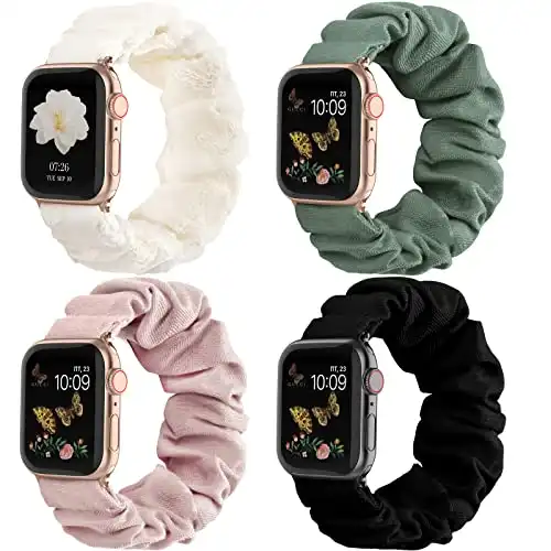 Recoppa Compatible for Apple Watch Band Scrunchie 38mm 40mm 41mm 42mm 44mm 45mm Cute Printed Elastic Solo Loop Bands Women Bracelet Strap for iWatch Series 8 7 6 5 4 3 2 1 SE, 4 Packs