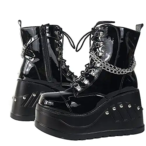 Erocalli Platform Boots Goth for Women Lace up Wedges Chain Ankle Booties Studded Short Motorcycle Boots