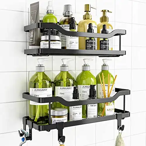 OMAIRA Shower Caddy, 2-Pack Adhesive Shower Organizer, No Drilling Rustproof Stainless Steel Shower Shelves for Inside Shower & Bathroom Organizer (Matte Black)