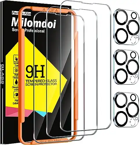 Milomdoi 3 Pack Screen Protector for Apple iPhone 13 Pro Max with 3 Pack Tempered Glass Camera Lens Protector, Ultra 9H Accessories, Case Friendly, Mounting Frame, 2.5D Curved, Clear
