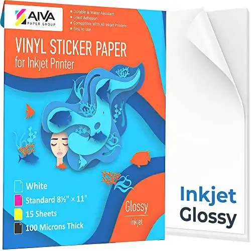 Limia's Care Printable Vinyl Sticker Paper for Inkjet Printer - Glossy White - 15 Self-Adhesive Sheets - Waterproof Decal Paper - Standard Letter Size 8.5"x11"
