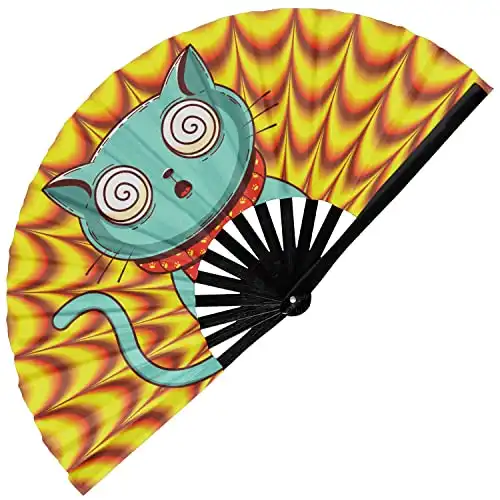 GloFX Folding Fan - Trippy Kitty - Large Rave Clack Folding Hand Fan for Men/Women - for EDM, Music Festival, Club, Event, Party, Dance, Performance, Decoration, Gift