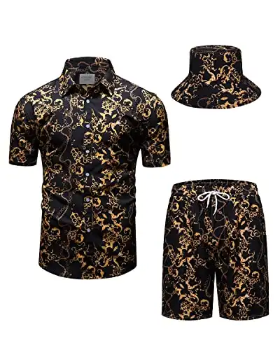 fohemr Mens Luxury Outfit Set Black Gold Shirts and Shorts 2 Piece Chain Print Set Baroque Button Down Suit with Bucket Hats