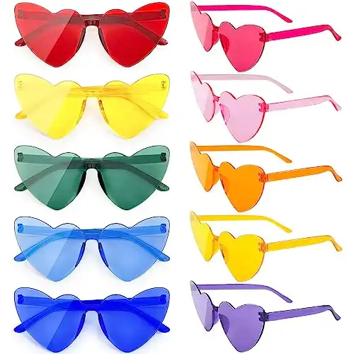 SUNOVELTIES 10 Pack Round/Heart Shape/Cat Eye/Rectangle/Star/Fire Rimless Tinted Party Sunglasses Color Therapy Glasses
