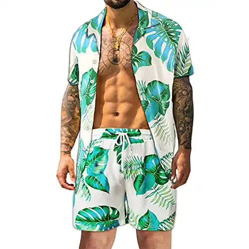 Atwfo Men's Hawaiian Shirts Casual Button-Down Short Sleeve Printed Shorts Summer Beach Tropical Hawaii Shirt Suits