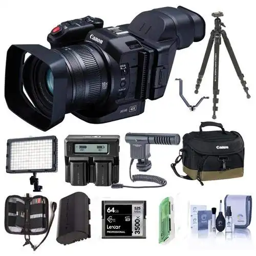 Canon XC10 4K Professional Camcorder - Bundle with Video Case 62GB CFAST Card, Spare Battery, Tripod, Video Light, Shotgun Mic, Cleaning Kit, and More
