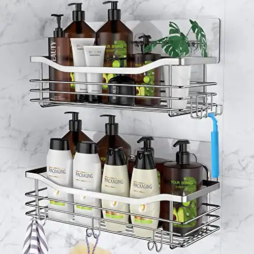 Orimade Shower Caddy Basket Shelf with 5 Hooks Adhesive Organizer Storage Rack Rustproof Wall Mounted Stainless Steel No Drilling for Bathroom, Toilet, Kitchen - 2 Pack