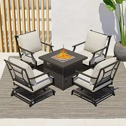 Grand patio 5-Piece Patio Furniture Sets with 30 Inch CSA Approved 50,000 BTU Steel Square Propane Fire Pit Table,4 Rocking Steel Frame Chairs with Gray Cushions
