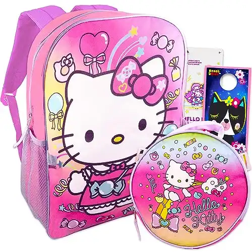 Hello Sanrio Kitty Backpack With Lunch Bag For Girls, Kids ~ 5 Pc Bundle With 16 inches Hello Kitty School Bag, 2000+ Stickers, Page Clips, And More (Hello Kitty School Supplies Stuff)