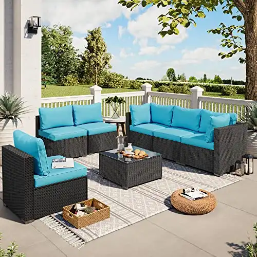 LAUSAINT HOME 7-Piece Outdoor Patio Furniture, PE Rattan Patio Furniture Set All Weather Sectional Conversation Sets with Cushions, Outside Sofa with Tempered Glass Table for Garden (Blue-7PCS)