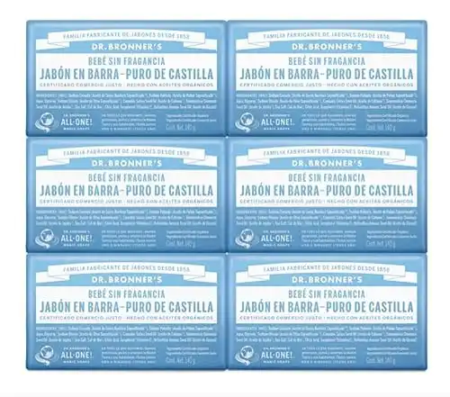 Dr. Bronner’s - Pure-Castile Bar Soap (Baby Unscented, 5 oz, 6-Pack) -Made with Organic Oils, For Face, Body & Hair, Gentle for Sensitive Skin & Babies, No Added Fragrance,Biodegradable,Vega...