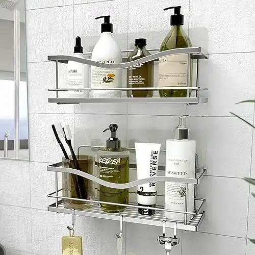 KINCMAX Shower Caddy 2-Pack - Self Adhesive Wall Shower Organizer Shelves with 4 Hooks - No Drill Large Capacity Stainless Steel Caddy - Aesthetic Shelves for Inside Bathroom - Polished Silver